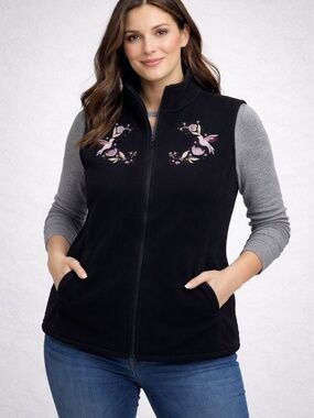 Time Square Fleece Vest Womens Size 3X Embroidered Bird Floral Cabincore